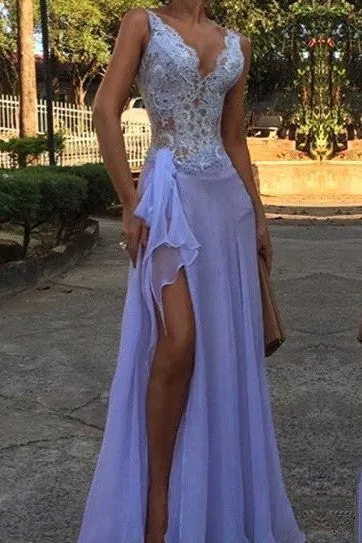 Chic See Through V-Neck Evening Dresses A-Line Sleeveless Lace Ball Dress