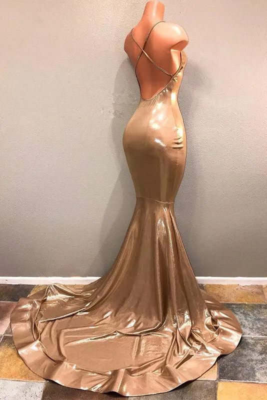 Chic Spaghetti Strap Gold Prom Dress, Sleeveless Prom Party Gowns