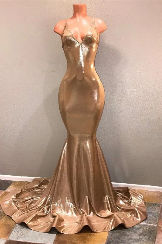 Chic Spaghetti Strap Gold Prom Dress, Sleeveless Prom Party Gowns