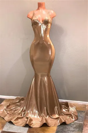 Chic Spaghetti Strap Gold Prom Dress, Sleeveless Prom Party Gowns
