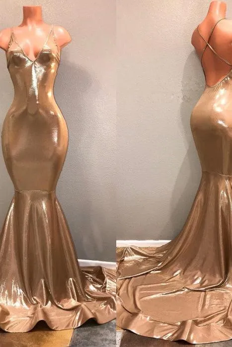 Chic Spaghetti Strap Gold Prom Dress, Sleeveless Prom Party Gowns