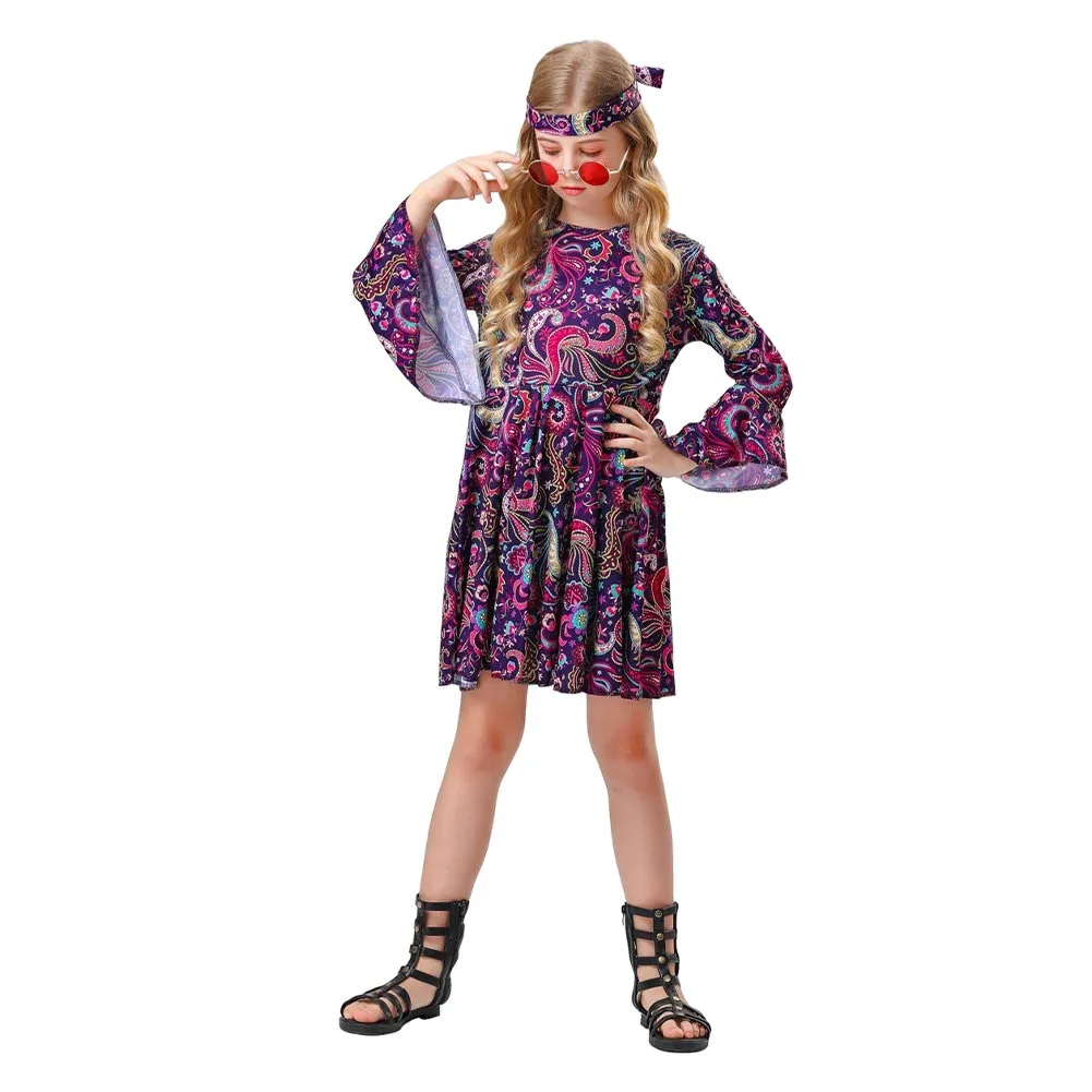 Childrenswear Kids Children 70's Vintage Disco Hippie Stage Cosplay Costume Outfits Halloween Carnival Suit