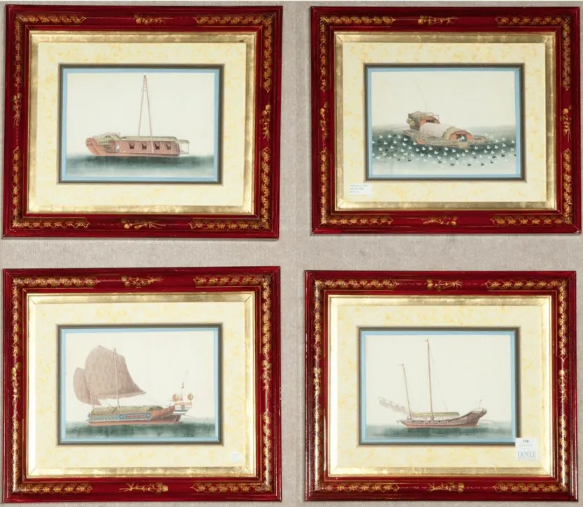 Chinese Pith Paintings In Hand Painted Frames, Set of Four