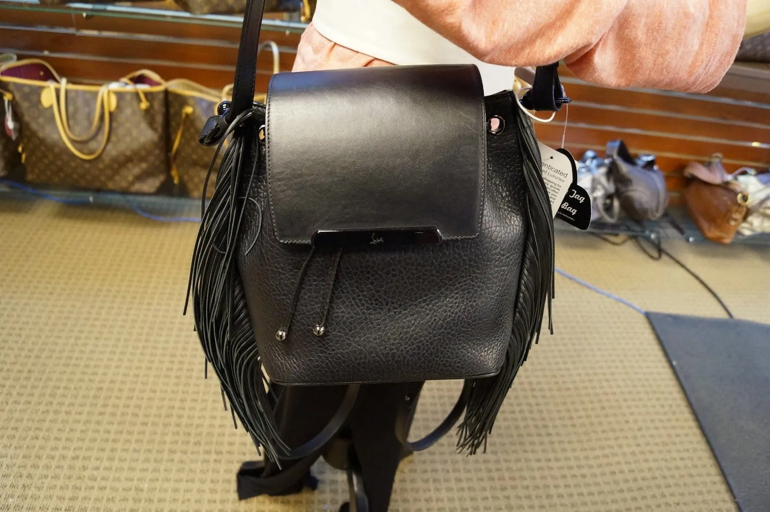 CHRISTIAN LOUBOUTIN Black Pebbled Leather Fringe Lucky L Backpack - Final Call