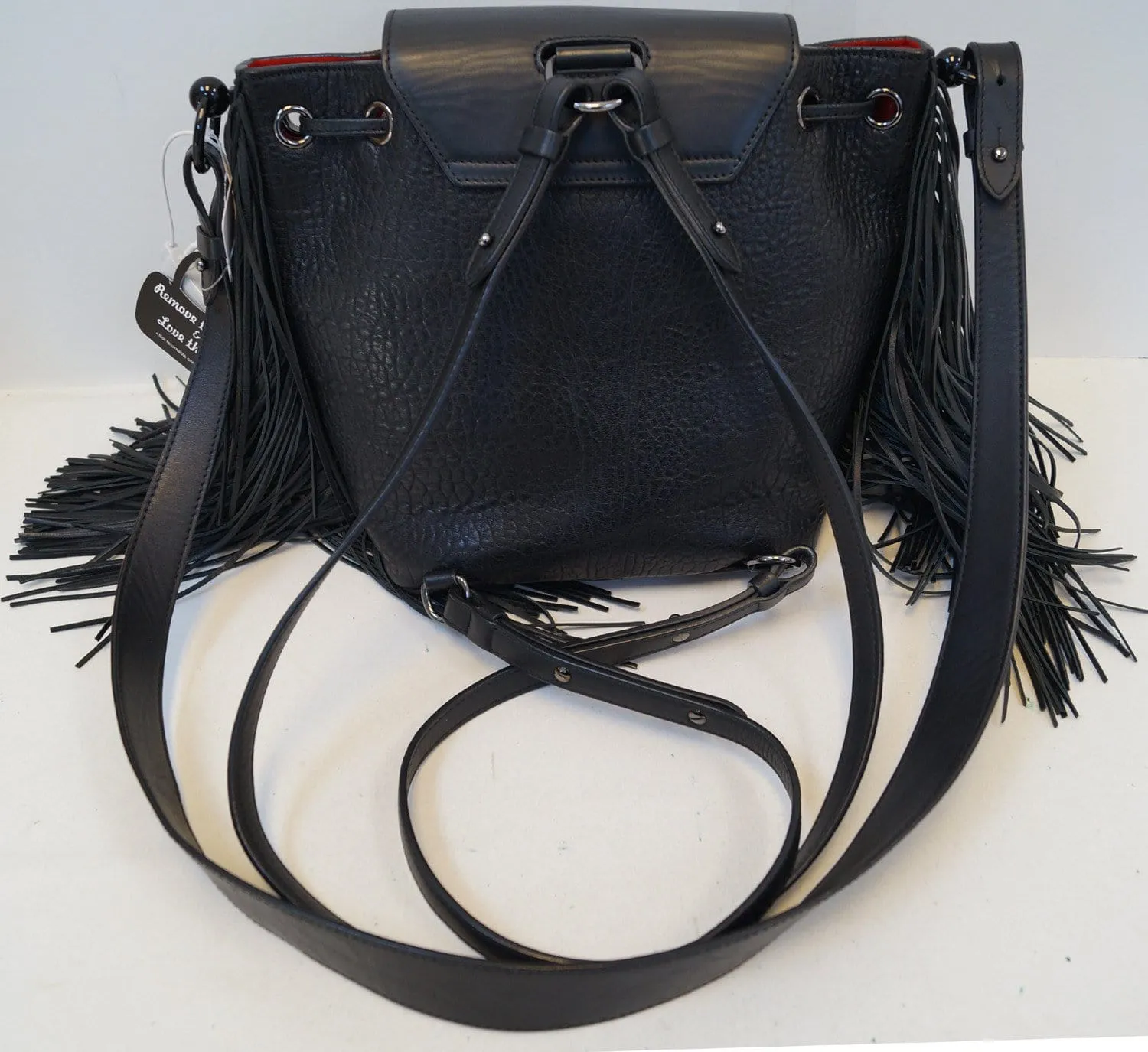 CHRISTIAN LOUBOUTIN Black Pebbled Leather Fringe Lucky L Backpack - Final Call