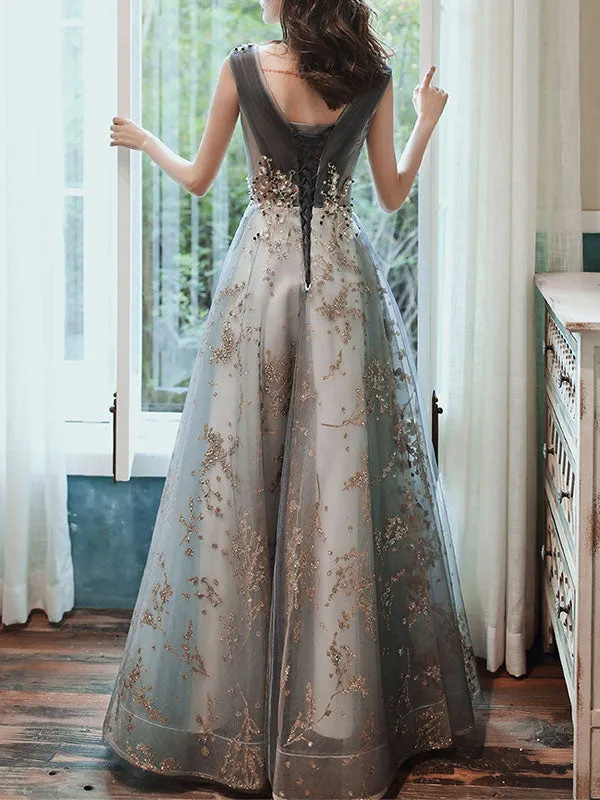Classic evening dress A Line Sleeveless Floor Length Jewel Neck Lace Appliqued Formal Occasion Dresses