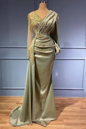 Classic Long Sleeves V-Neck Mermaid Evening Gowns Long Prom Dress With Appliques