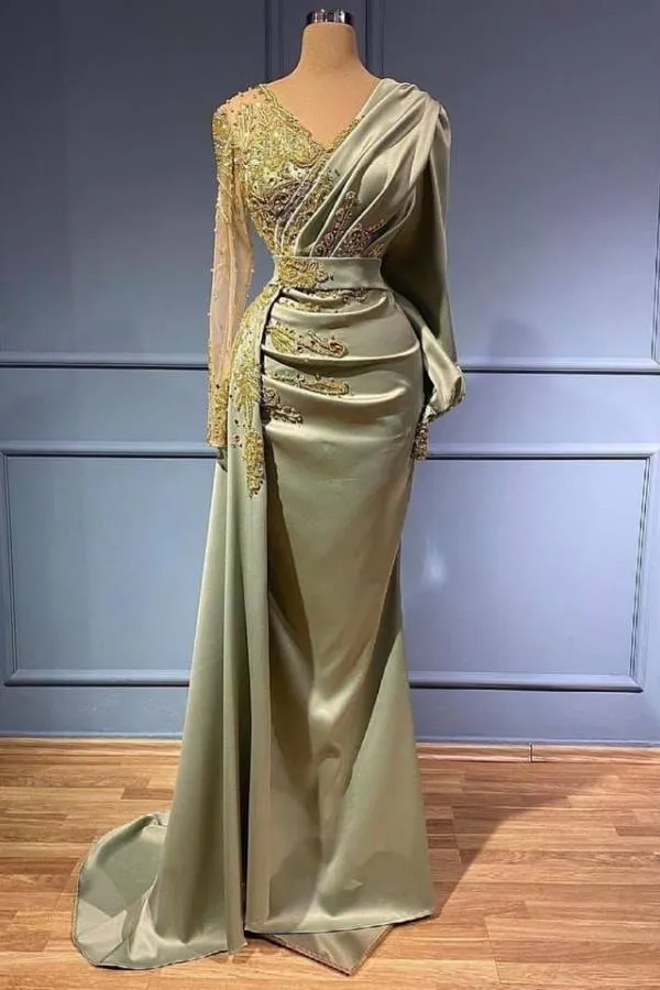 Classic Long Sleeves V-Neck Mermaid Evening Gowns Long Prom Dress With Appliques