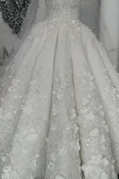 Classic Sleeveless Crystal Wedding Dresses Sheer Tulle Flowers Bridal Gowns with sparkle Beading