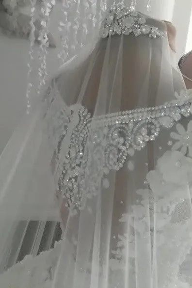 Classic Sleeveless Crystal Wedding Dresses Sheer Tulle Flowers Bridal Gowns with sparkle Beading