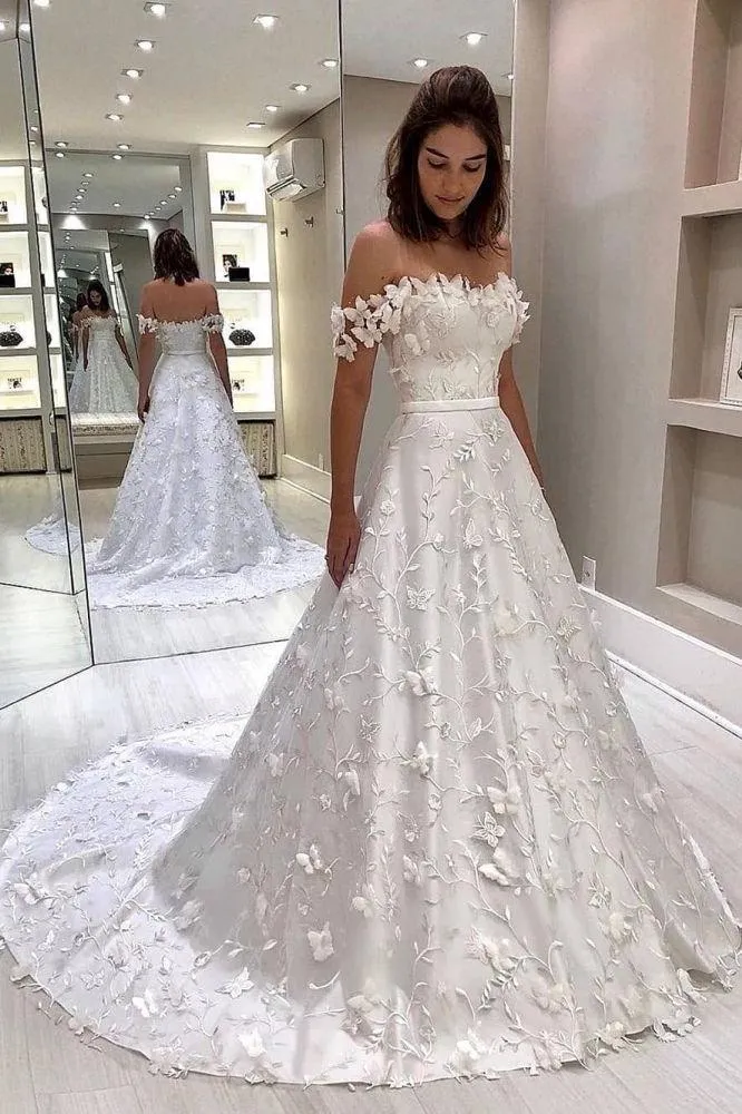 Classic White Strapless Off the shoulder Court Train Princess Wedding Dress
