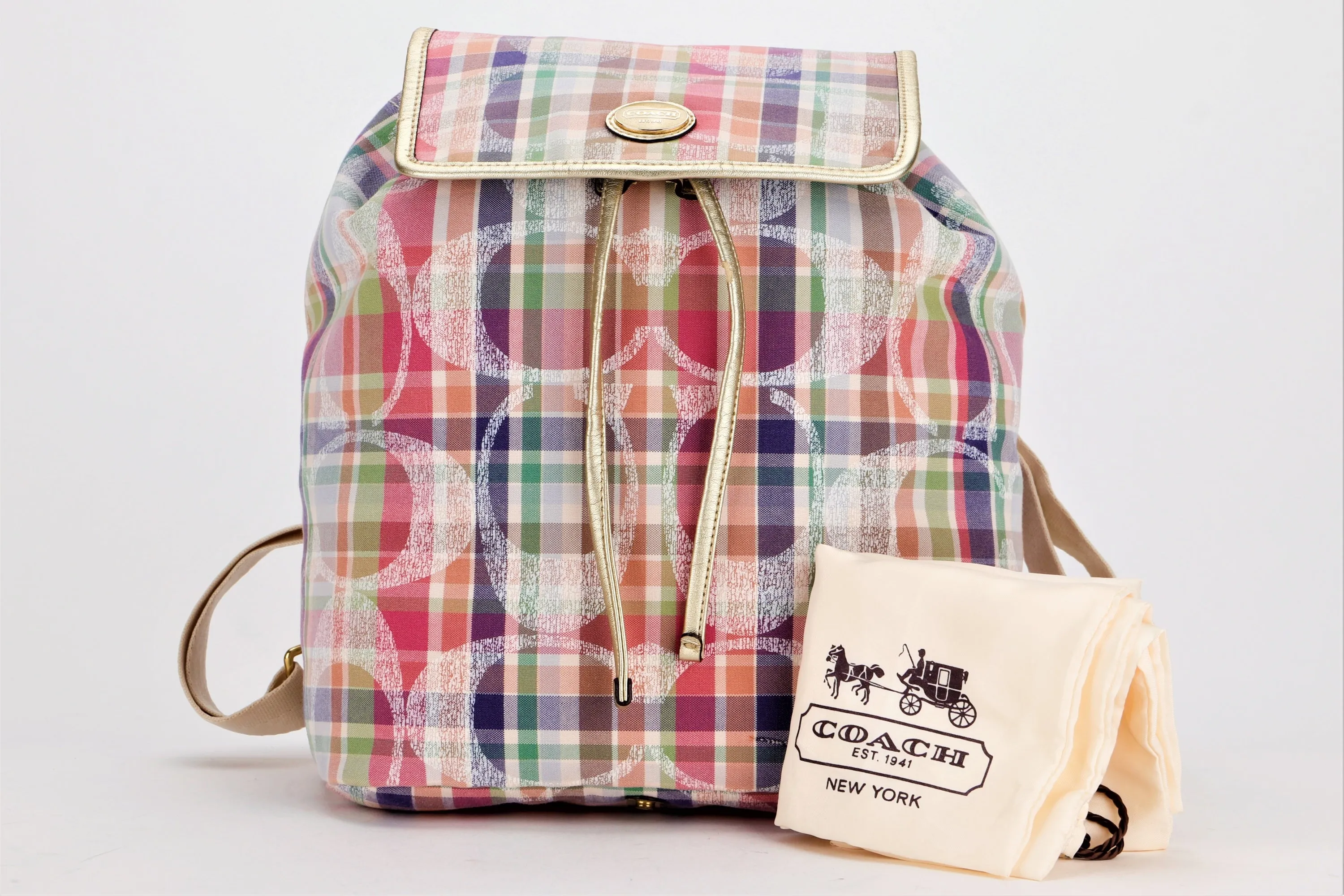 COACH F77342 BACKPACK (M1260), MULTICOLOUR MADRAS CANVAS GOLD HARDWARE, WITH DUST COVER
