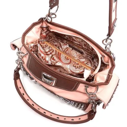 color block Grey pocket satchel Bag Handbag Rhinestone metal Chain purse brown