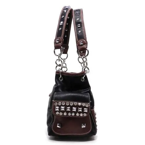 color block Grey pocket satchel Bag Handbag Rhinestone metal Chain purse brown
