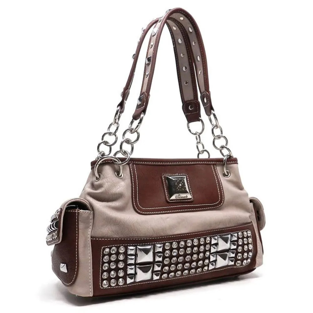 color block Grey pocket satchel Bag Handbag Rhinestone metal Chain purse brown