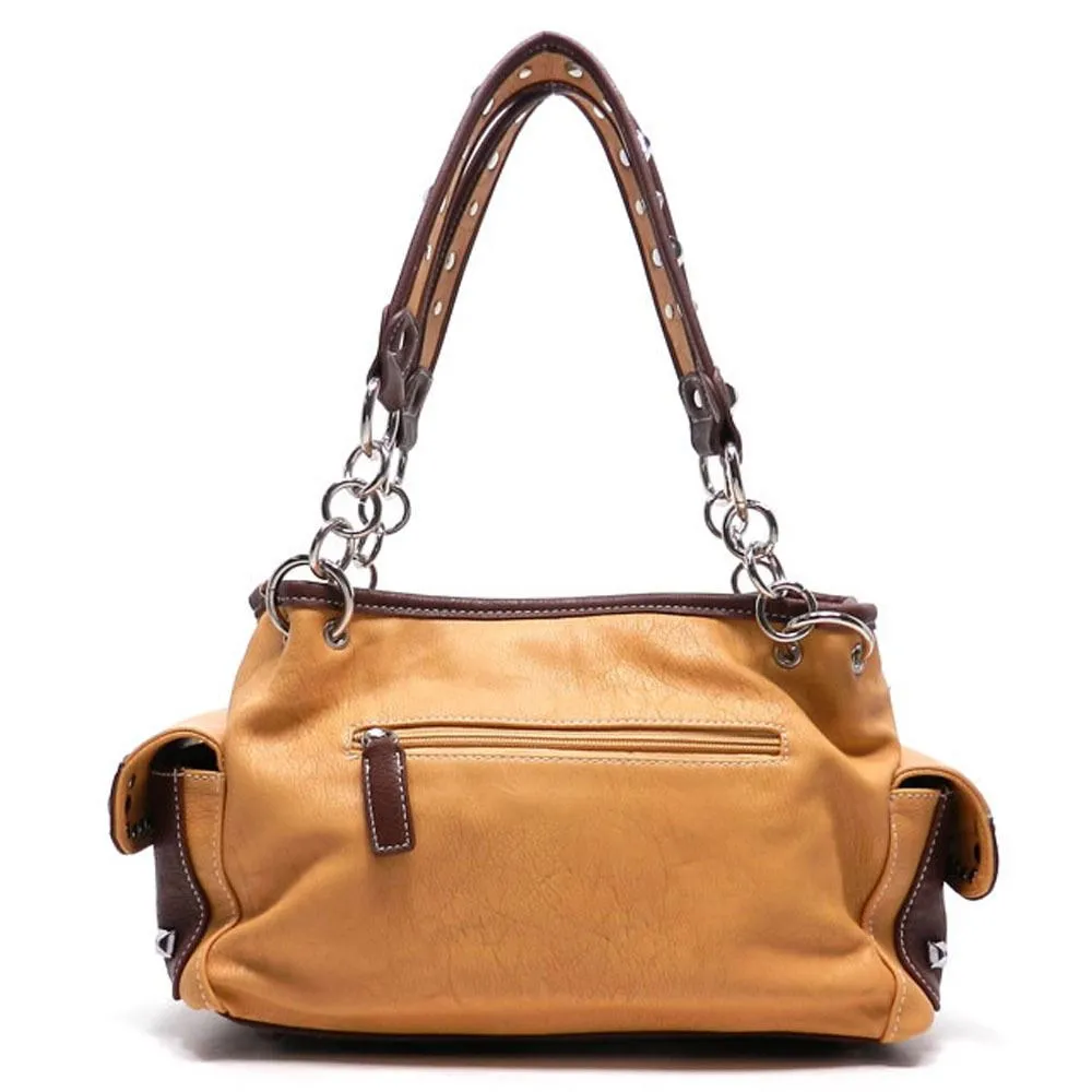 color block Grey pocket satchel Bag Handbag Rhinestone metal Chain purse brown