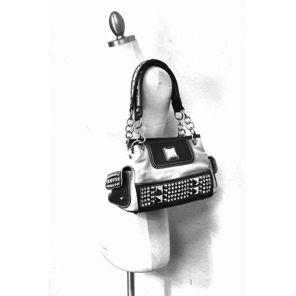 color block Grey pocket satchel Bag Handbag Rhinestone metal Chain purse brown