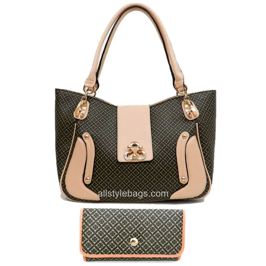 color block polka signature print satchel wallet Bag set Black lock designer