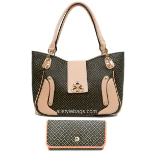 color block polka signature print satchel wallet Bag set Black lock designer