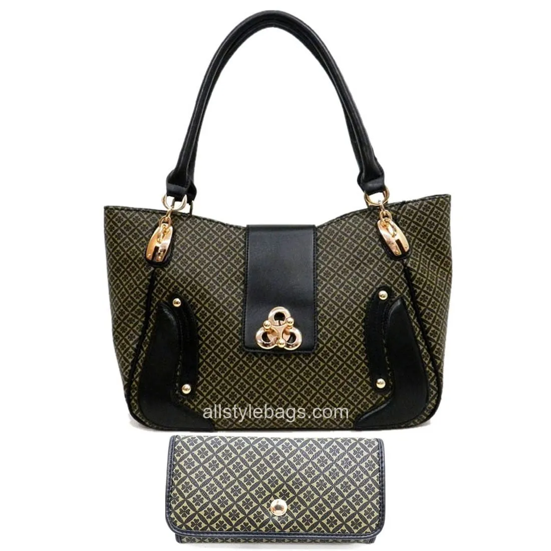 color block polka signature print satchel wallet Bag set Black lock designer