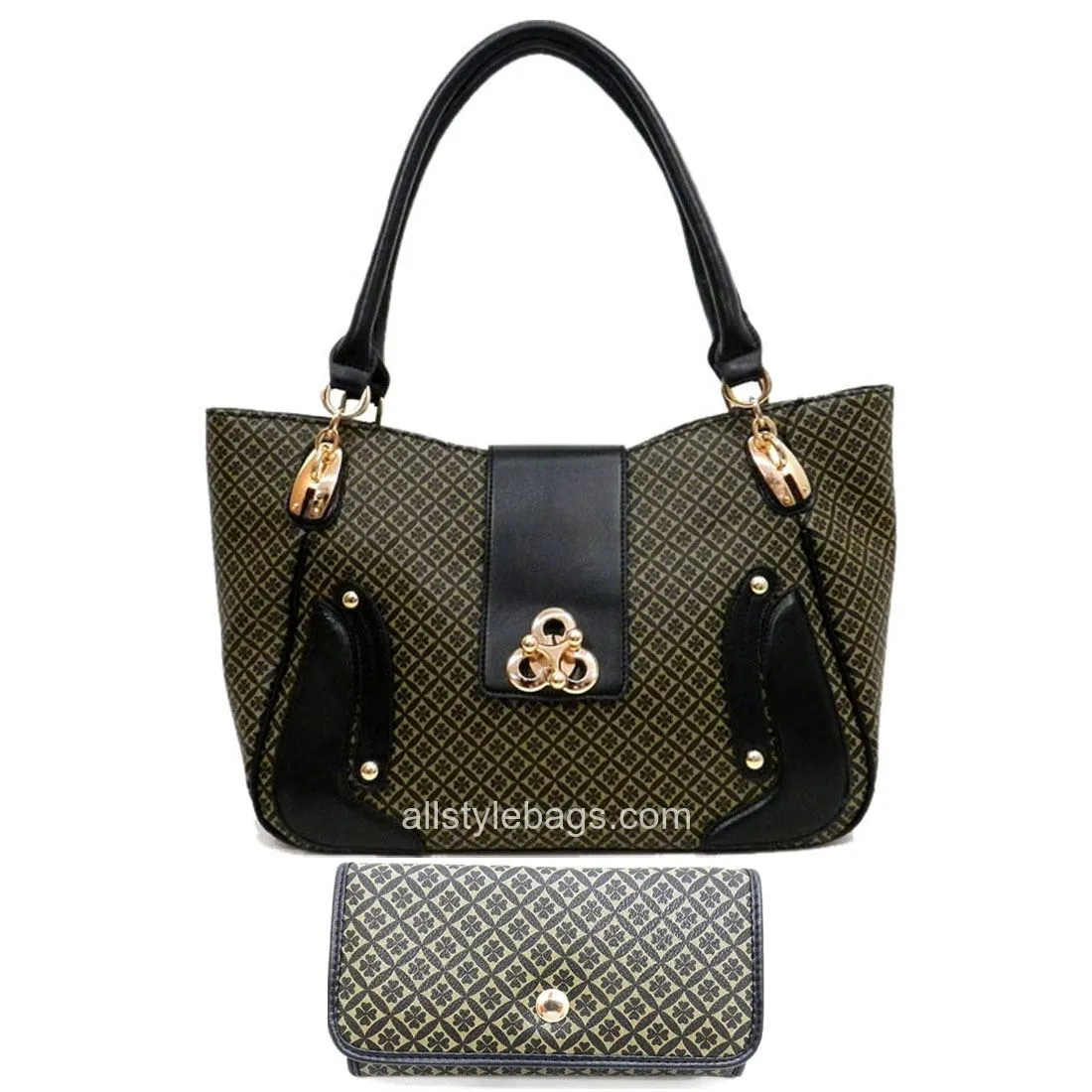 color block polka signature print satchel wallet Bag set Black lock designer