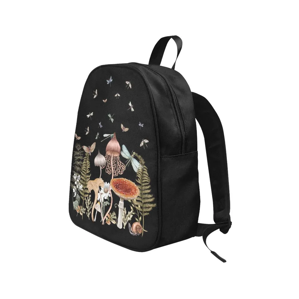Cottage Mushrooms Backpack, Dragonflies Bookbag (Select Size), Canvas Back pack