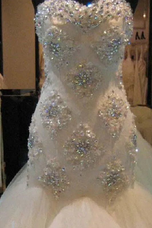 Court Train Mermaid Beading Sleeveless Tulle Sweetheart Wedding Dresses