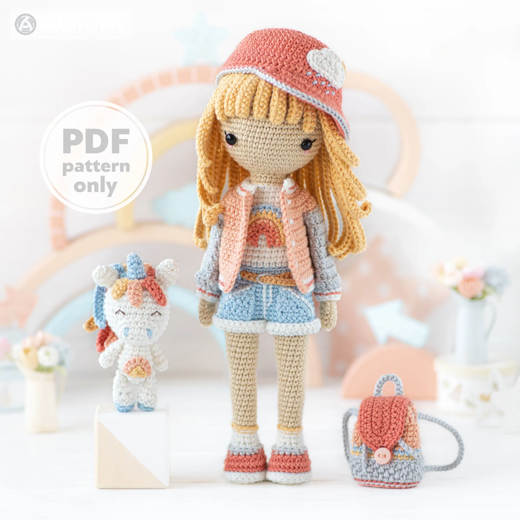 Crochet Doll Pattern for Friendy Mika with Rainbow Unicorn from "AradiyaToys Friendies" collection (Amigurumi tutorial PDF file) modern doll