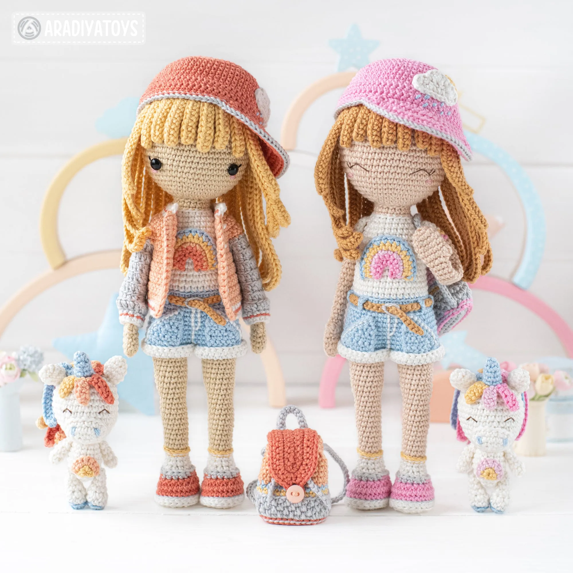 Crochet Doll Pattern for Friendy Mika with Rainbow Unicorn from "AradiyaToys Friendies" collection (Amigurumi tutorial PDF file) modern doll