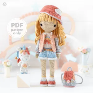 Crochet Doll Pattern for Friendy Mika with Rainbow Unicorn from "AradiyaToys Friendies" collection (Amigurumi tutorial PDF file) modern doll