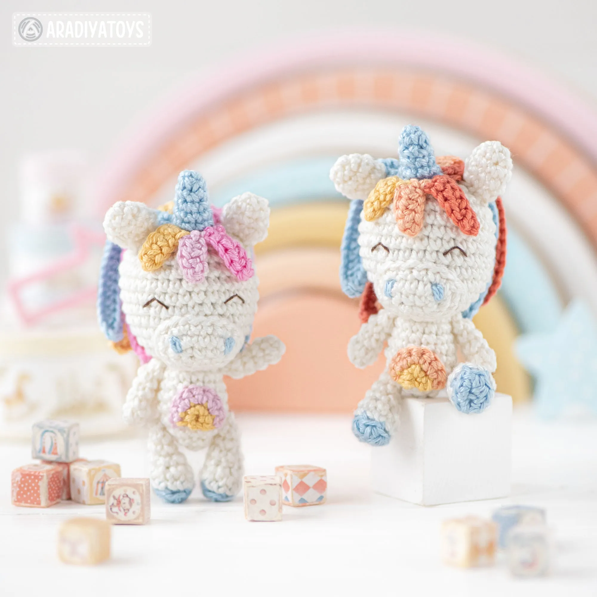 Crochet Doll Pattern for Friendy Mika with Rainbow Unicorn from "AradiyaToys Friendies" collection (Amigurumi tutorial PDF file) modern doll