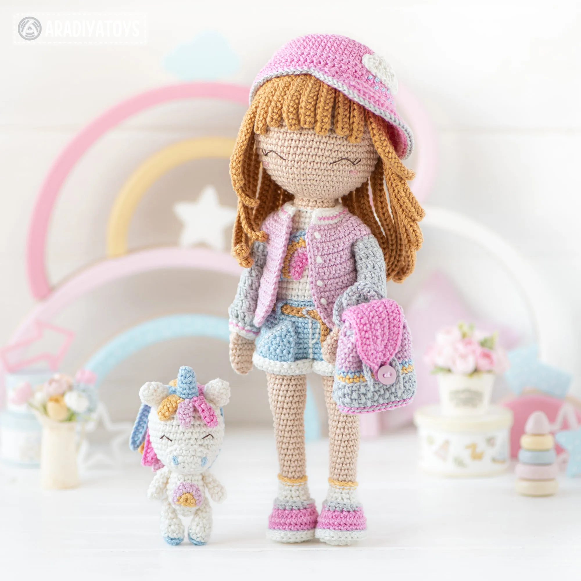 Crochet Doll Pattern for Friendy Mika with Rainbow Unicorn from "AradiyaToys Friendies" collection (Amigurumi tutorial PDF file) modern doll
