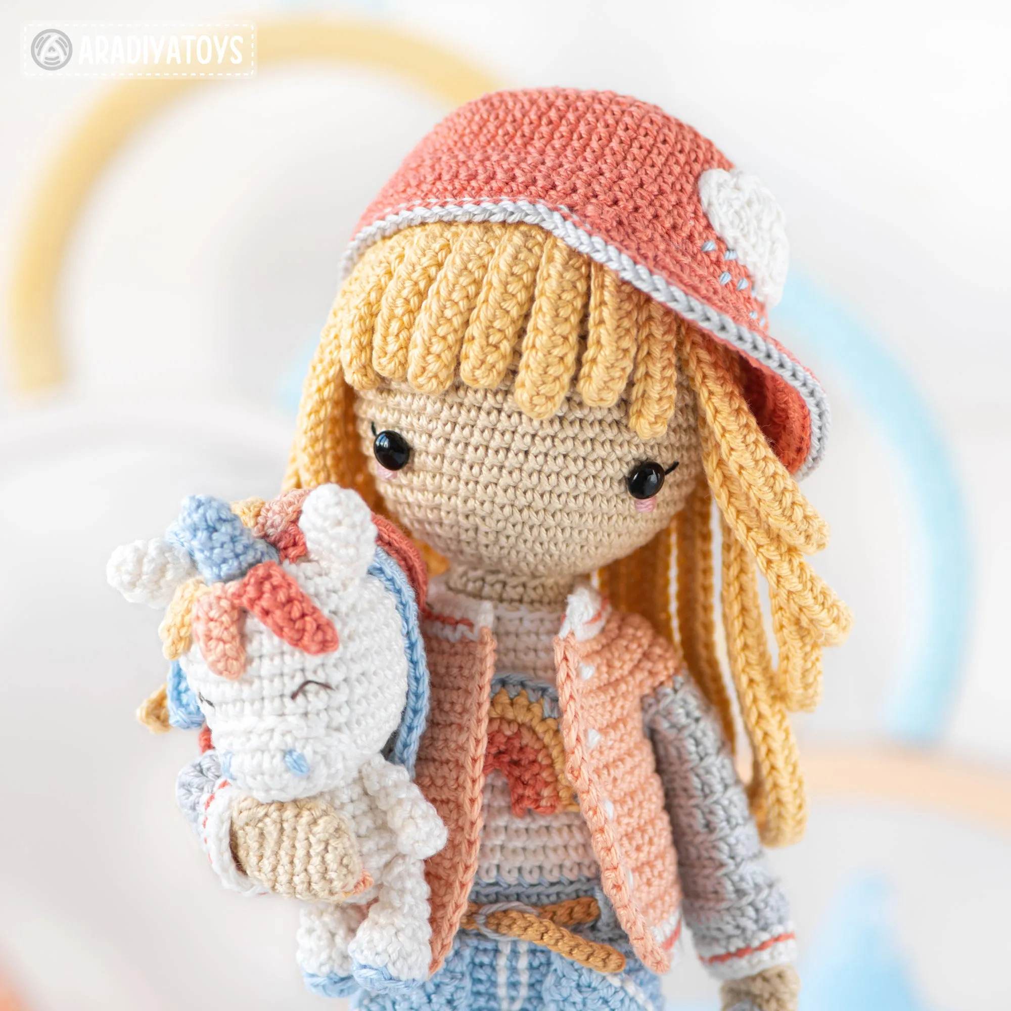 Crochet Doll Pattern for Friendy Mika with Rainbow Unicorn from "AradiyaToys Friendies" collection (Amigurumi tutorial PDF file) modern doll