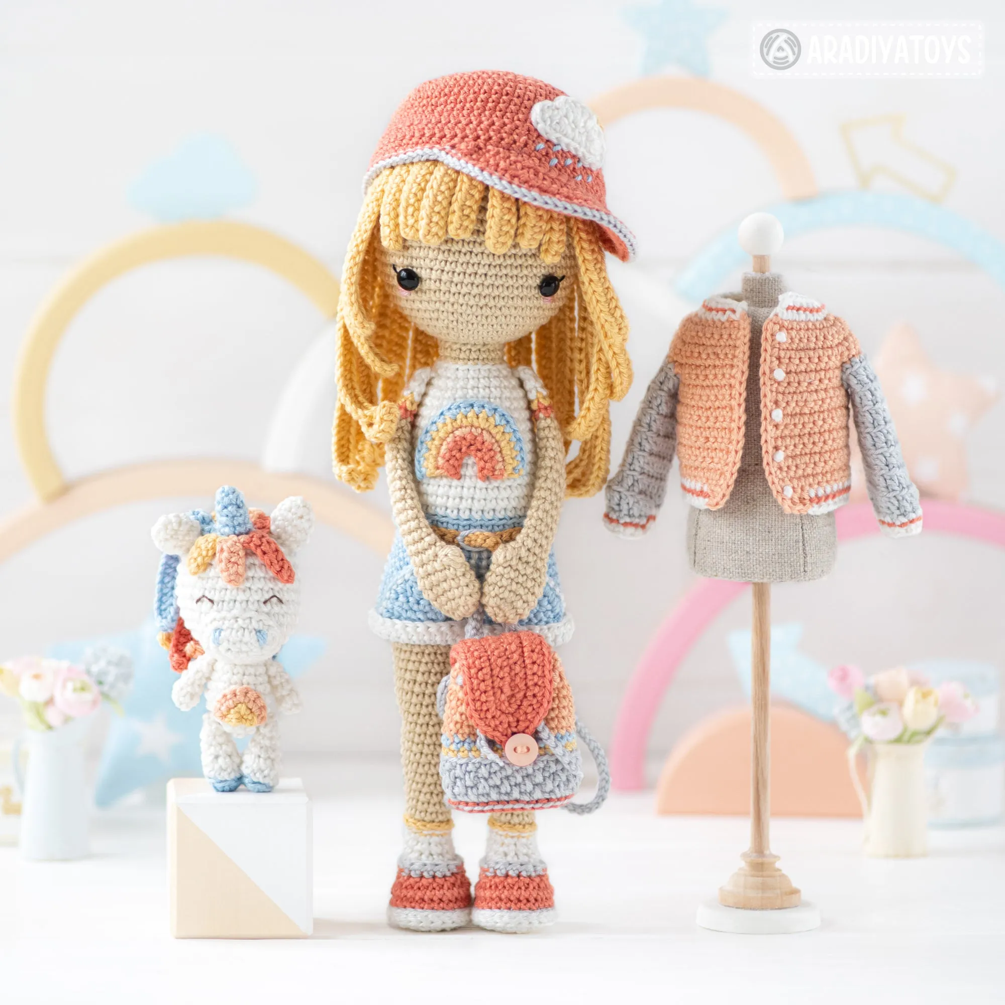 Crochet Doll Pattern for Friendy Mika with Rainbow Unicorn from "AradiyaToys Friendies" collection (Amigurumi tutorial PDF file) modern doll