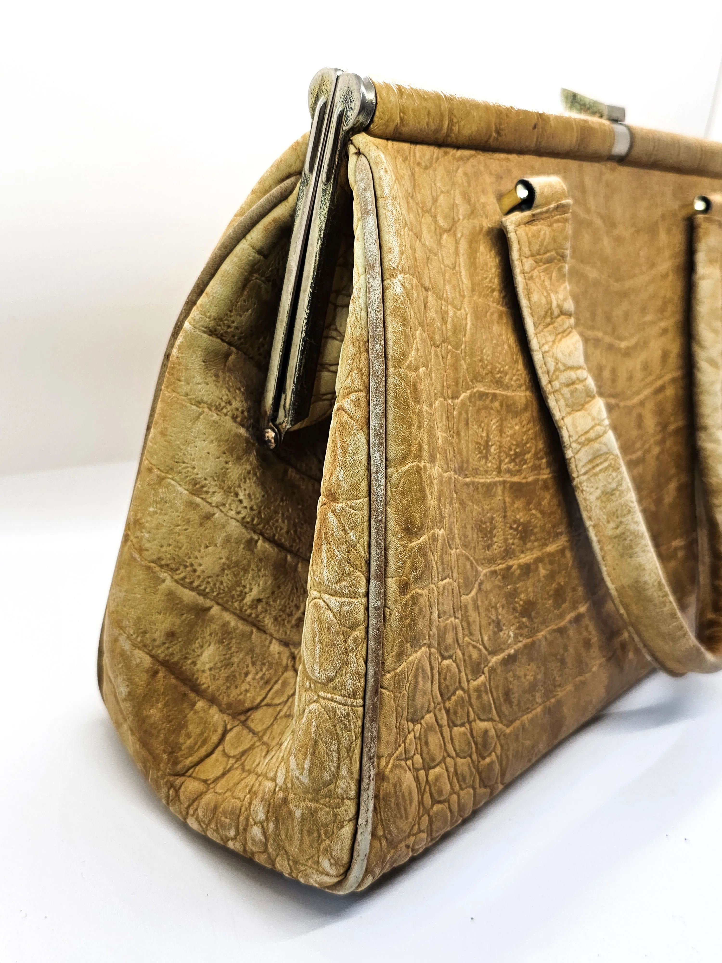 Crocodile light tan vintage retro genuine leather handbag purse