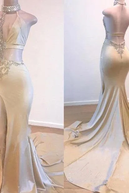 Crystal Halter Side Slit Prom Dresses A-Line Backless Sleeveless Evening Dresses