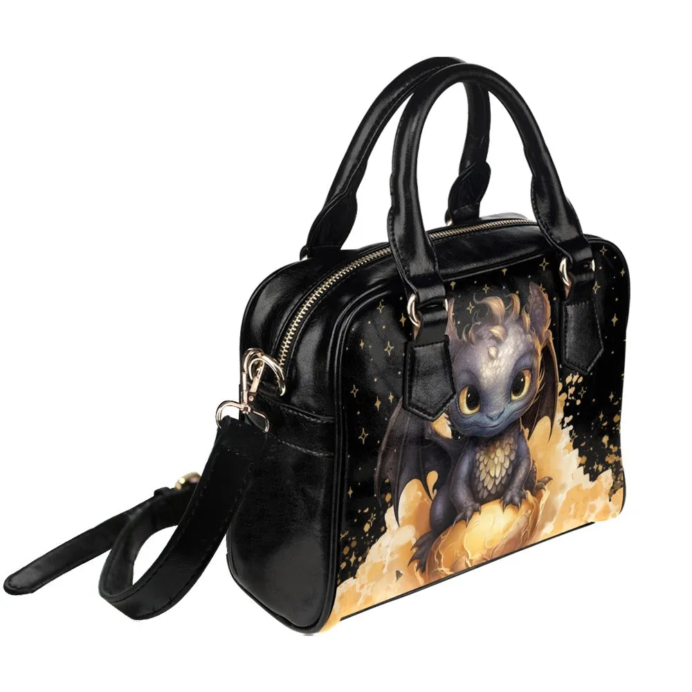 Cute Black and Gold Baby Dragon Purse Bowler Shoulder Bag