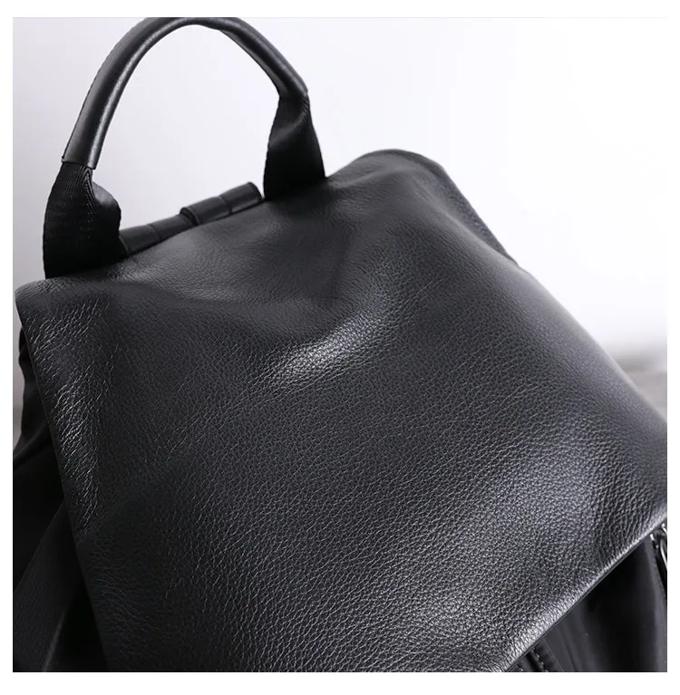 Cute Black Nylon Satchel Backpack Womens School Backpack Bag Black Nylon Leather Travel Rucksack for Ladies