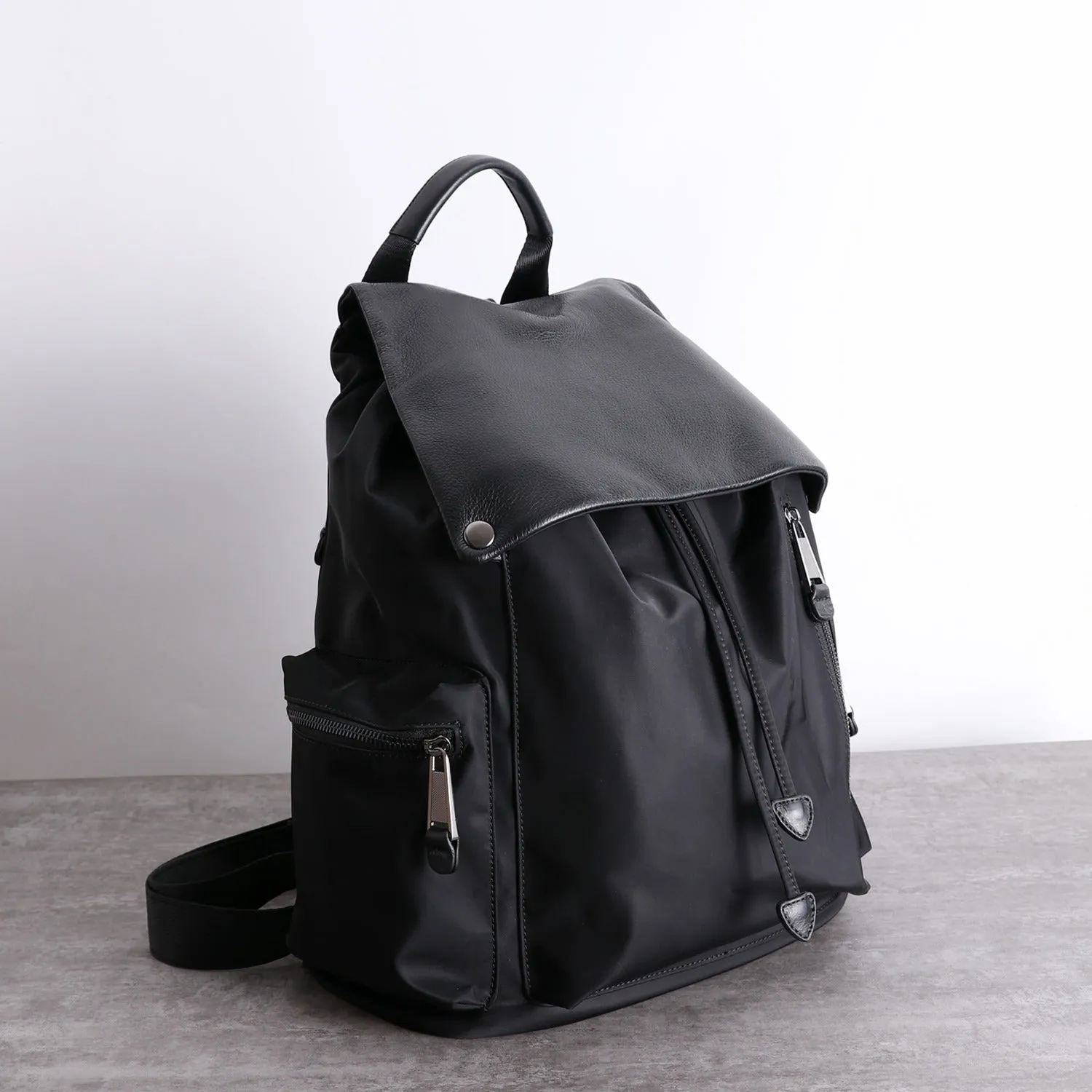 Cute Black Nylon Satchel Backpack Womens School Backpack Bag Black Nylon Leather Travel Rucksack for Ladies