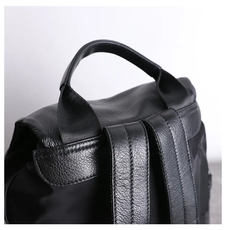 Cute Black Nylon Satchel Backpack Womens School Backpack Bag Black Nylon Leather Travel Rucksack for Ladies
