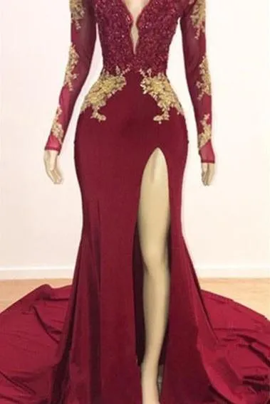 Deep V-neck Long Sleevess Lace Appliques Split Mermaid Evening Gowns