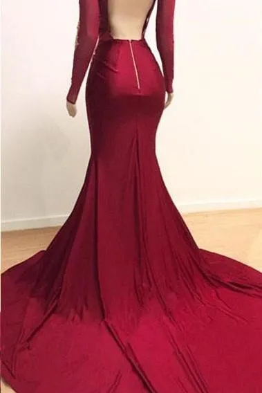 Deep V-neck Long Sleevess Lace Appliques Split Mermaid Evening Gowns