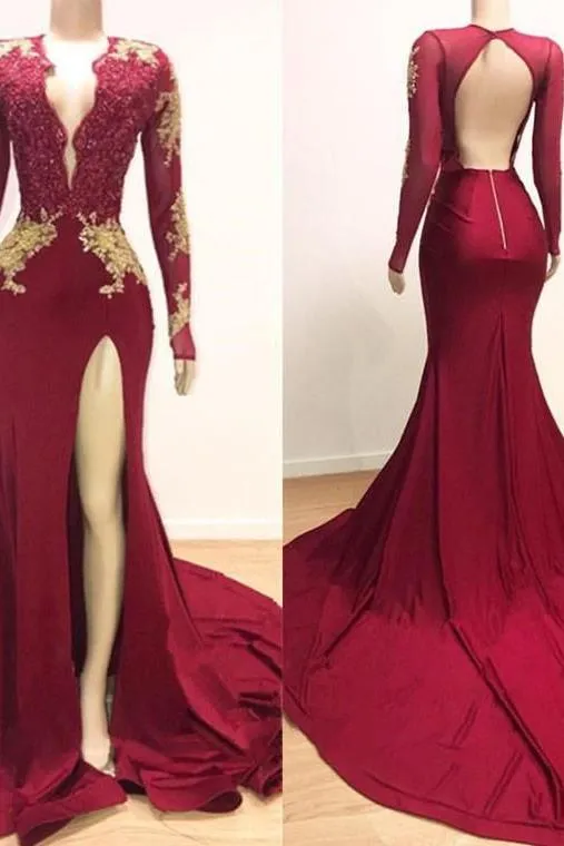 Deep V-neck Long Sleevess Lace Appliques Split Mermaid Evening Gowns