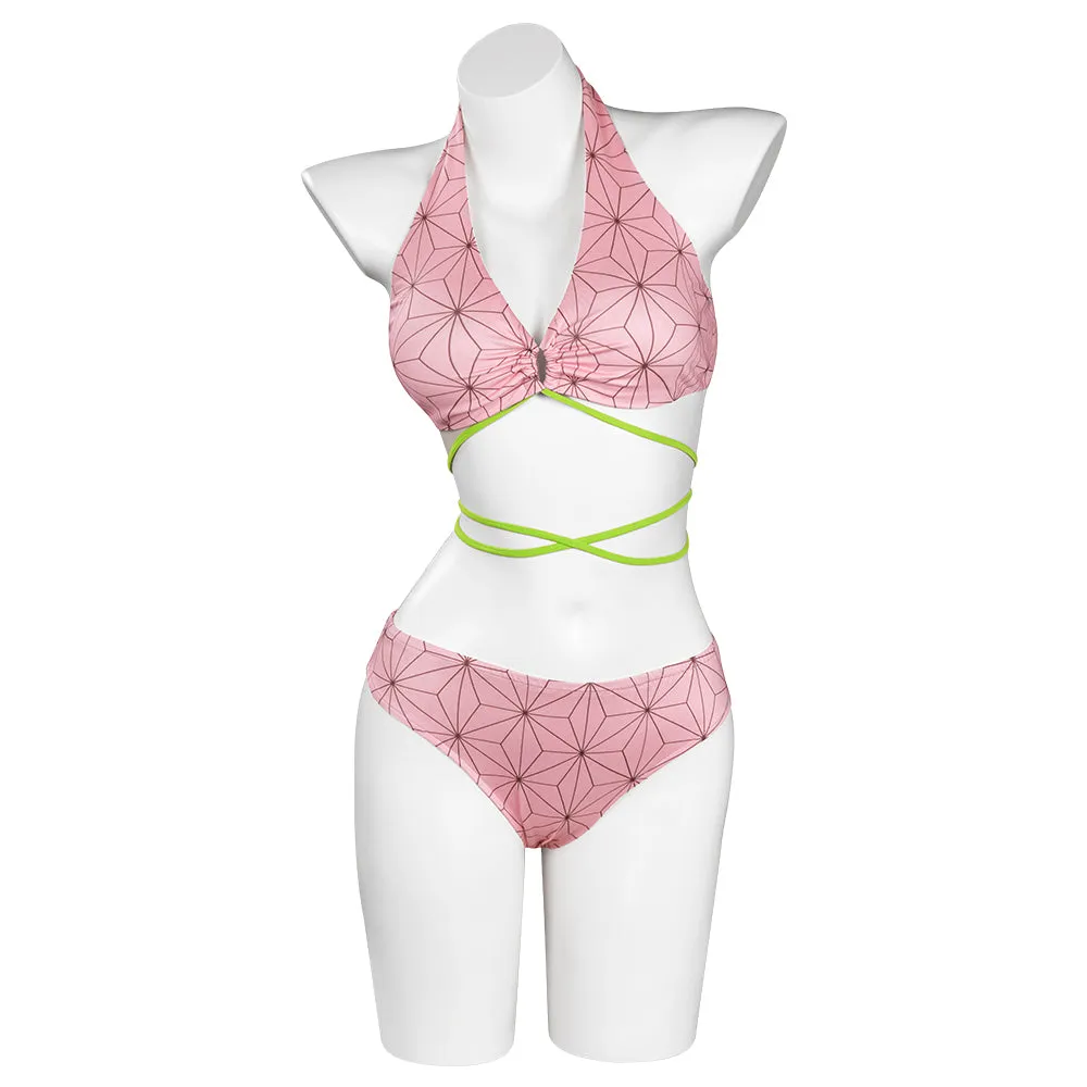 Demon Slayer Kamado Nezuko Swimsuit Cosplay Costume Two-Piece Swimwear Outfits Halloween Carnival Suit