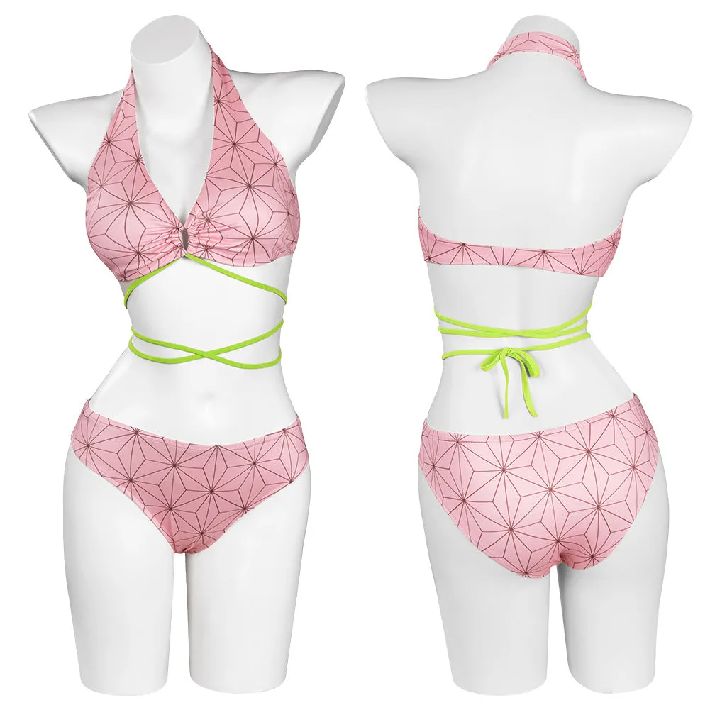 Demon Slayer Kamado Nezuko Swimsuit Cosplay Costume Two-Piece Swimwear Outfits Halloween Carnival Suit