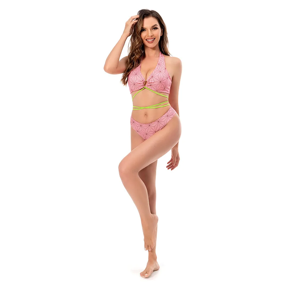 Demon Slayer Kamado Nezuko Swimsuit Cosplay Costume Two-Piece Swimwear Outfits Halloween Carnival Suit