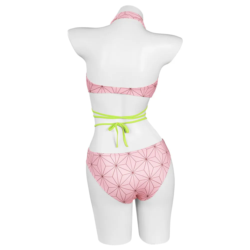 Demon Slayer Kamado Nezuko Swimsuit Cosplay Costume Two-Piece Swimwear Outfits Halloween Carnival Suit