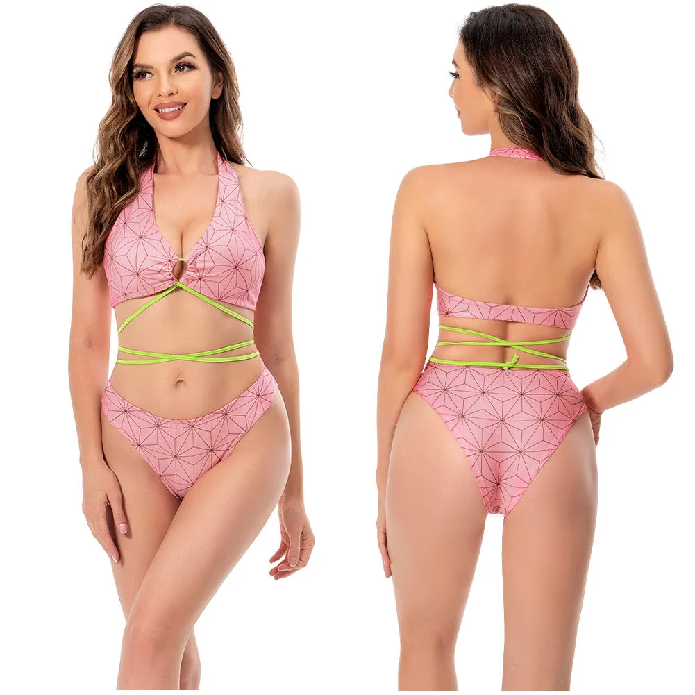 Demon Slayer Kamado Nezuko Swimsuit Cosplay Costume Two-Piece Swimwear Outfits Halloween Carnival Suit