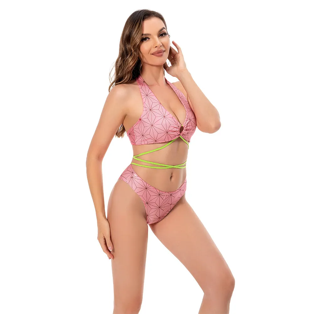 Demon Slayer Kamado Nezuko Swimsuit Cosplay Costume Two-Piece Swimwear Outfits Halloween Carnival Suit