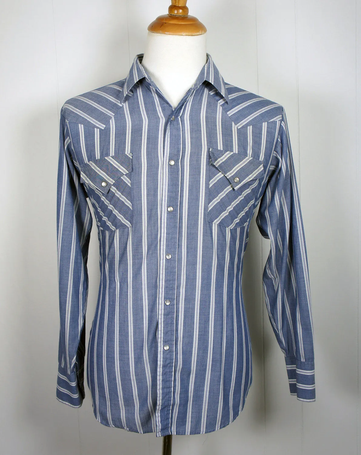 Denim Blue Striped Western Pearl Snap Shirt - Size L